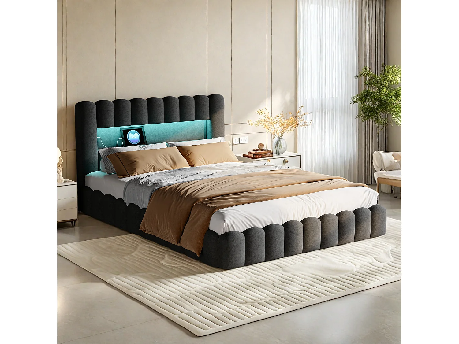 Bubbelbed 180 x 200 cm, met LED en USB, met opbergruimte, met lattenbodem, Grijs