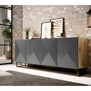 Buffet 4 deuren in houtlamellen met metalen pied 200×43 cm