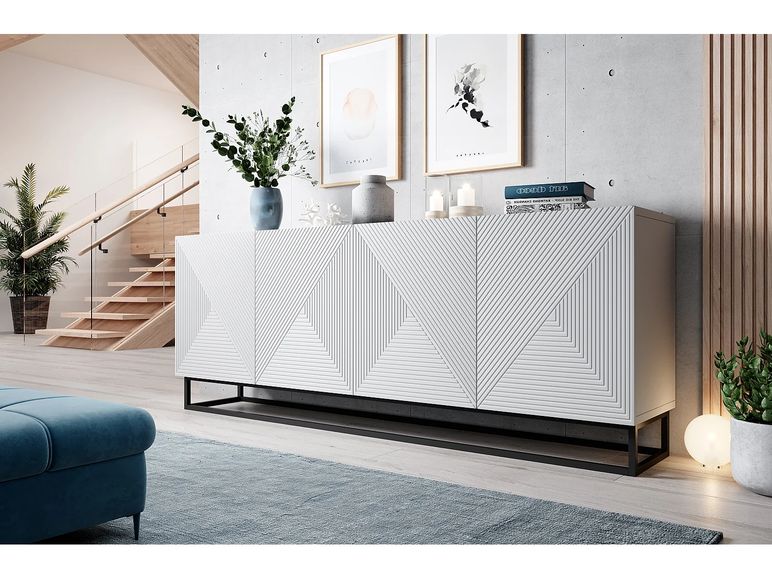Buffet 4 deuren in hout lamellé blanco met metaal pied 200x43 cm