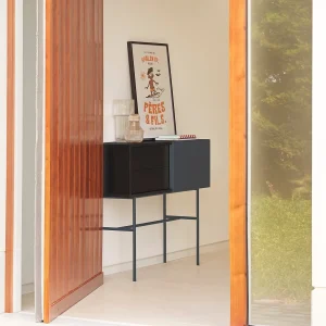 Console met 2 laden en schuifdeuren gelakt zwart en grijs 110×90 cm Console met 2 laden en schuifdeuren gelakt zwart en grijs 110×90 cm