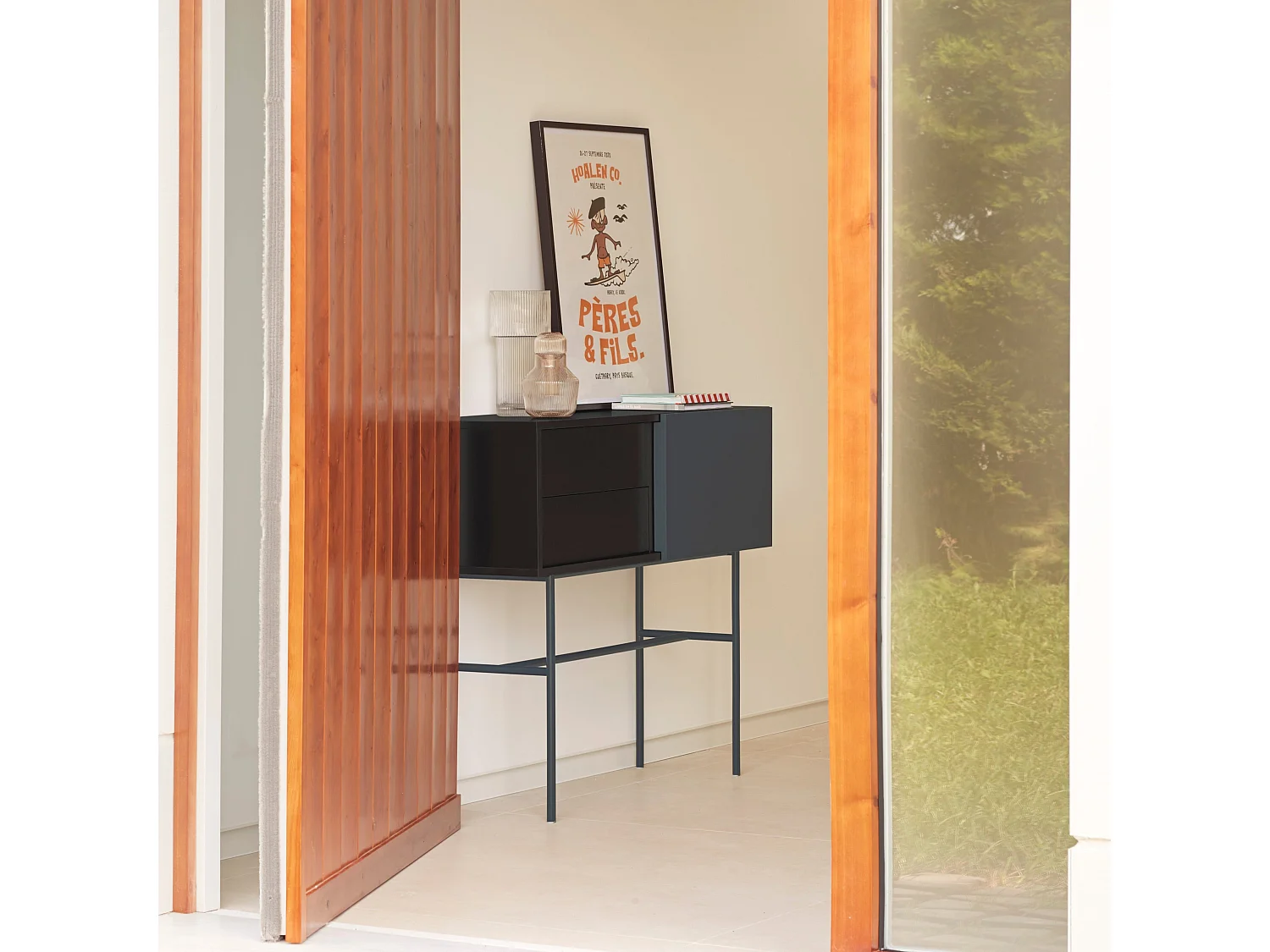 Console met 2 laden en schuifdeuren gelakt zwart en grijs 110x90 cm