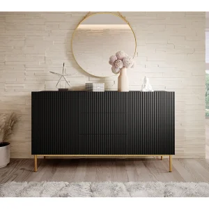Buffet 2 deuren 3 lades centraal zwart met goudkleurig metaal bont 150×45 cm