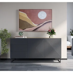 Buffet 2 deuren 3 laden in hout lamellen met metaal pied 167x43cm Buffet 2 deuren 3 laden in hout lamellen met metaal pied 167x43cm