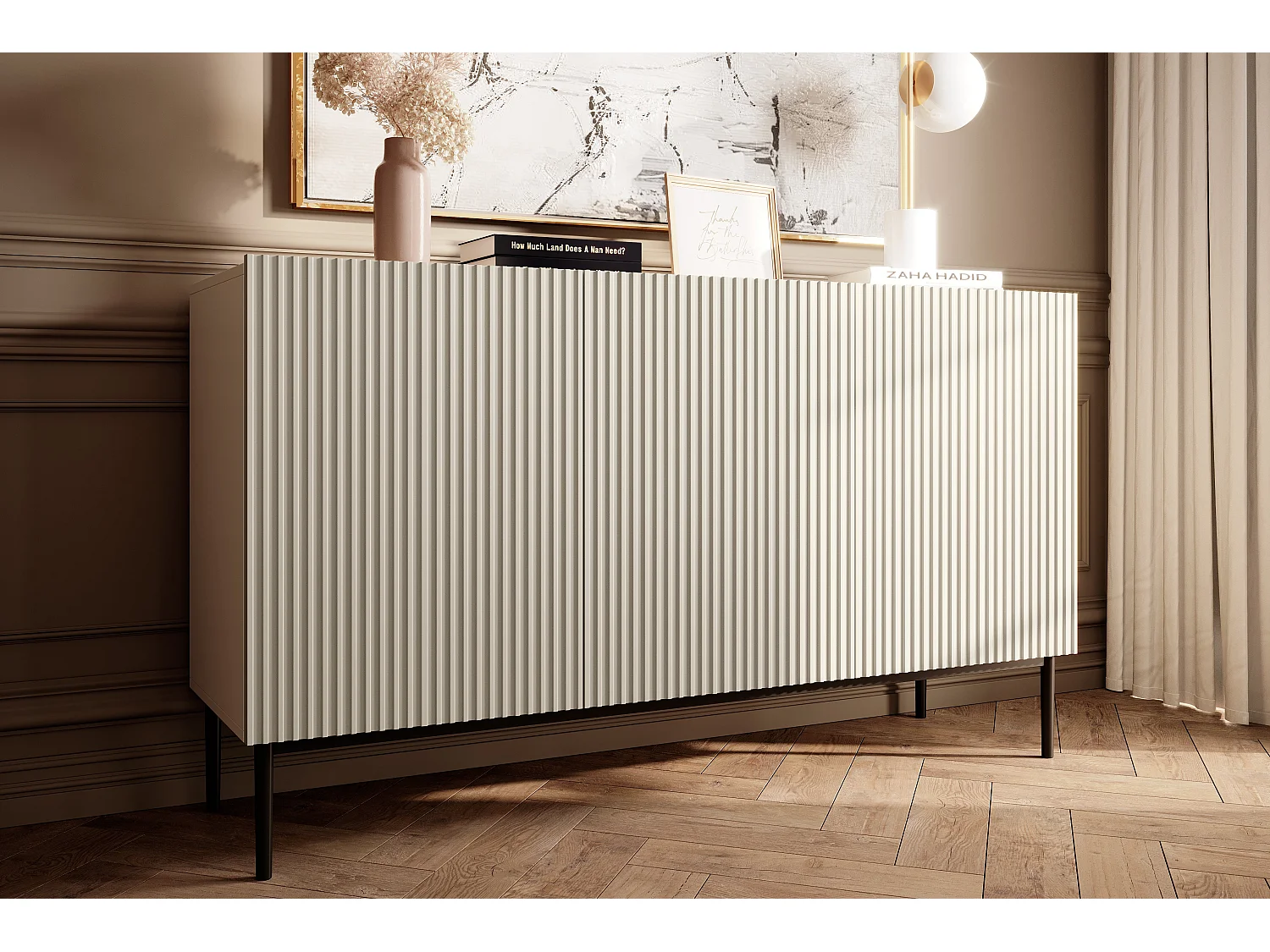 Buffet 3 deuren in kasjmier met zwart metalen voet 150x45 cm