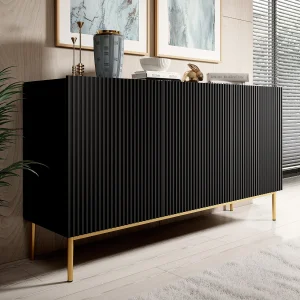 Buffet 3 zwarte deuren met gouden metalen voet 150×45 cm