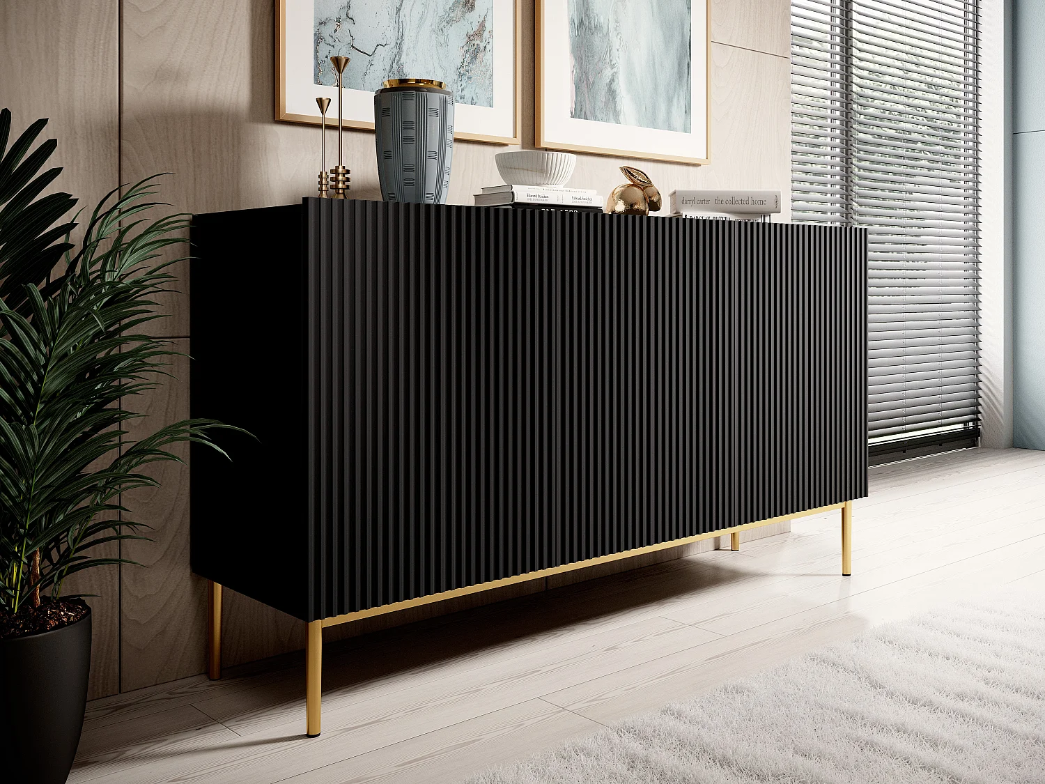 Buffet 3 zwarte deuren met gouden metalen voet 150x45 cm