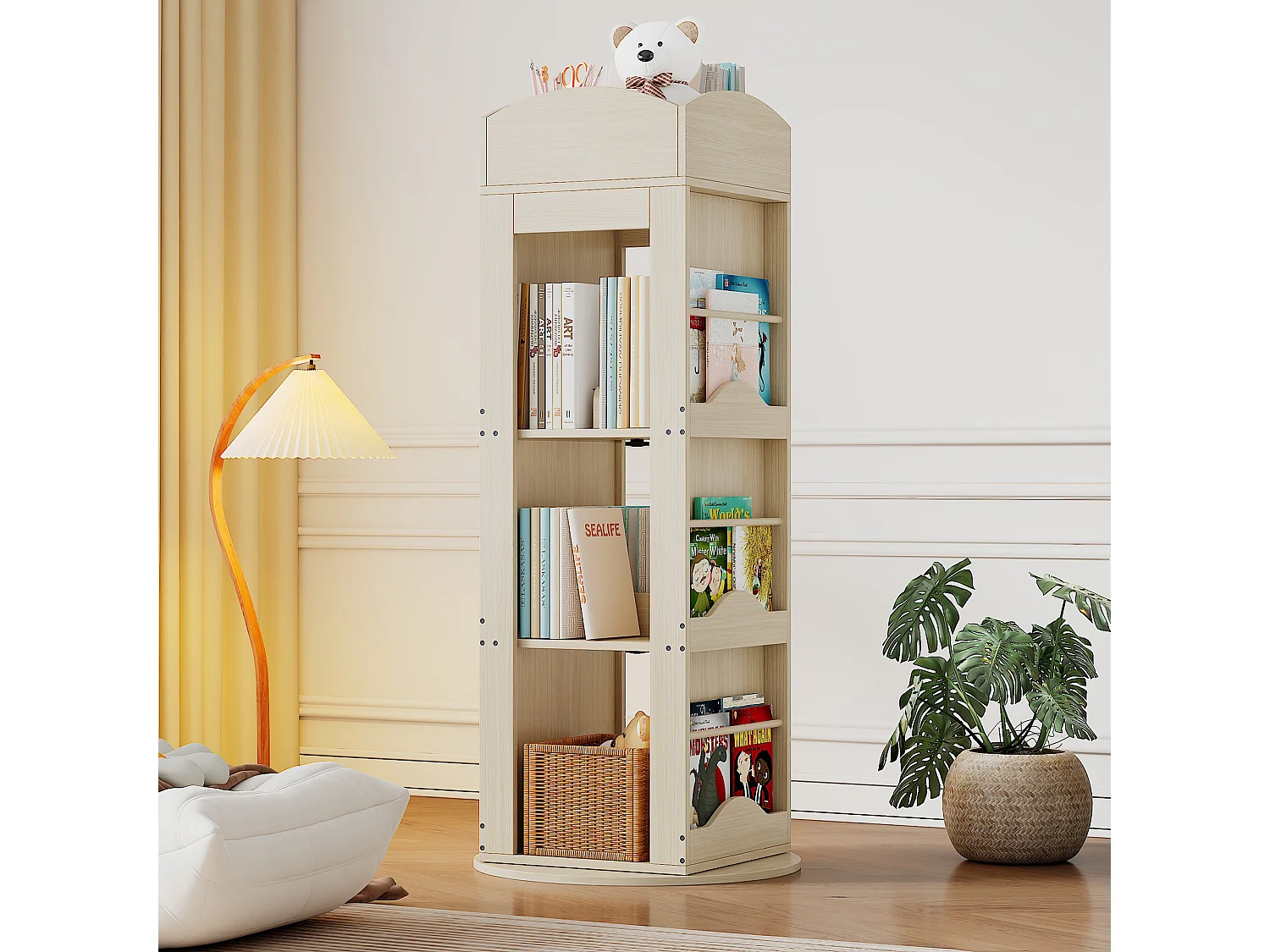 Draaibare boekenkast - 63 x 63 x 142 cm - Opbergplank voor kinderen en volwassenen - MDF - Natuurlijk