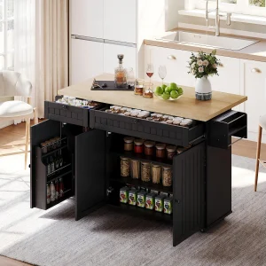 Centraal eiland met opklapbaar werkblad – 137 x 45/70 x 89,5 cm – met 2 laden + 3 deuren – MDF – zwart