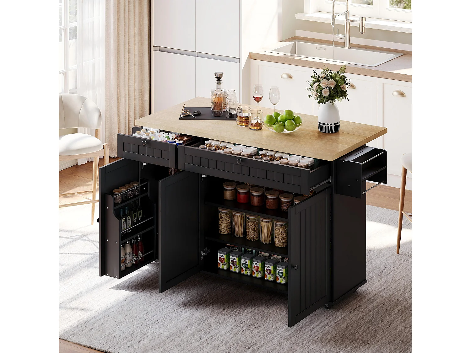 Centraal eiland met opklapbaar werkblad - 137 x 45/70 x 89,5 cm - met 2 laden + 3 deuren - MDF - zwart