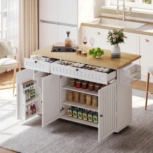 Centraal eiland met opklapbaar werkblad – 137 x 45/70 x 89,5 cm – met 2 laden + 3 deuren – MDF – wit