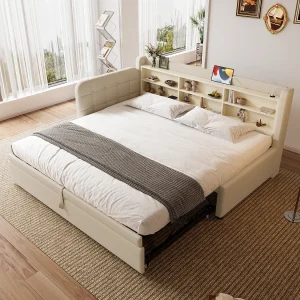 Daybed 90×200 cm (180×200 cm), daybed, slaapbank, multifunctioneel uitschuifbed, USB + Type C, opbergruimte, linnen, beige (207×101,5×83,5 cm) Daybed 90×200 cm (180×200 cm), daybed, slaapbank, multifunctioneel uitschuifbed, USB + Type C, opbergruimte, linnen, beige (207×101,5×83,5 cm)