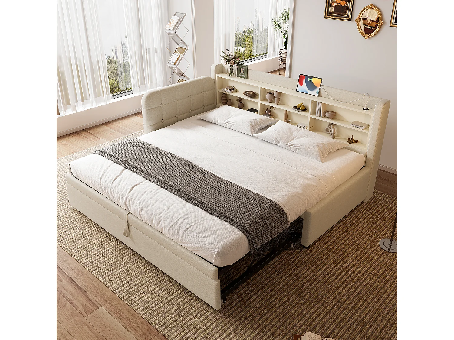 Daybed 90x200 cm (180x200 cm), daybed, slaapbank, multifunctioneel uitschuifbed, USB + Type C, opbergruimte, linnen, beige (207x101,5x83,5 cm)