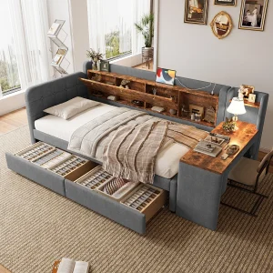 Daybed 90×200 cm (180×200 cm), slaapbank, multifunctioneel uitschuifbed, USB + Type C, opbergruimte, linnen, grijs (238×101,5×79 cm) Daybed 90×200 cm (180×200 cm), slaapbank, multifunctioneel uitschuifbed, USB + Type C, opbergruimte, linnen, grijs (238×101,5×79 cm)