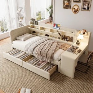 Daybed 90×200 cm, slaapbank, met 2 lades, bureau, USB + Type C, opbergvak, linnen, beige (238×101,5×79 cm)