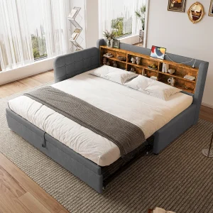 Daybed 90×200 cm (180×200 cm), slaapbank, multifunctioneel uitschuifbed, USB + Type C, opbergruimte, linnen, grijs (207×101,5×83,5 cm) Daybed 90×200 cm (180×200 cm), slaapbank, multifunctioneel uitschuifbed, USB + Type C, opbergruimte, linnen, grijs (207×101,5×83,5 cm)