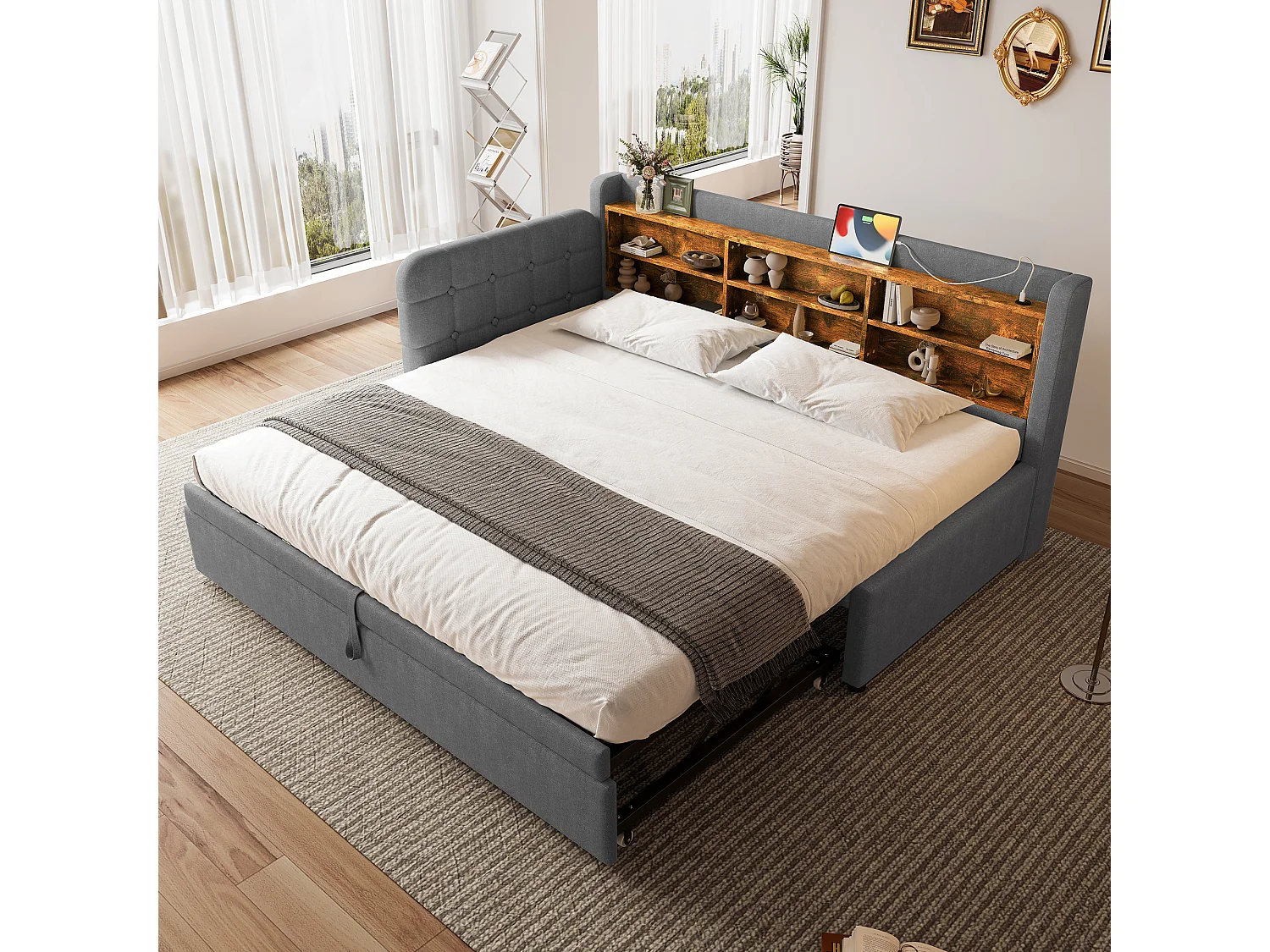 Daybed 90x200 cm (180x200 cm), slaapbank, multifunctioneel uitschuifbed, USB + Type C, opbergruimte, linnen, grijs (207x101,5x83,5 cm)