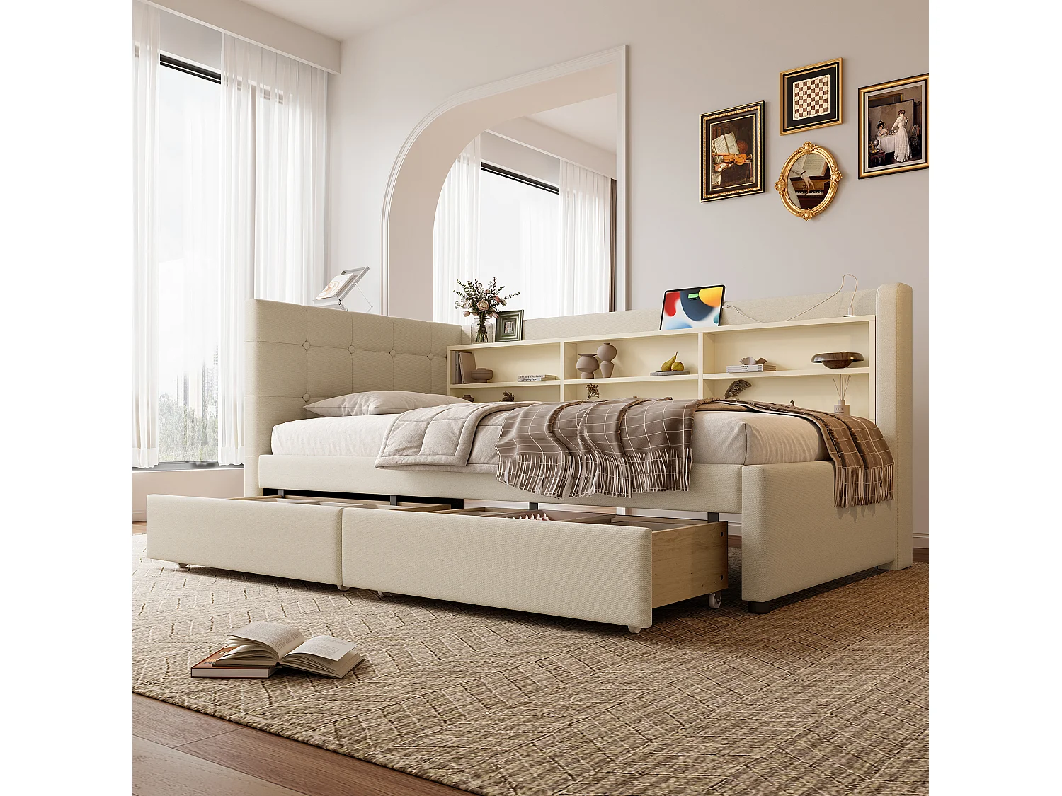 Daybed 90x200 cm, daybed met 2 lades, USB + Type C, opbergvakken, lattenbodem, linnen, beige (207x101,5x78,5 cm)