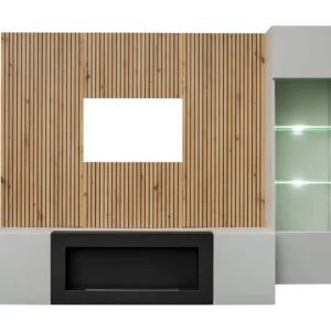 Composition murale IXAR – Tv-meubel, hangende vitrinekast, wandpanelen en bio-ethanol haard Composition murale IXAR – Tv-meubel, hangende vitrinekast, wandpanelen en bio-ethanol haard