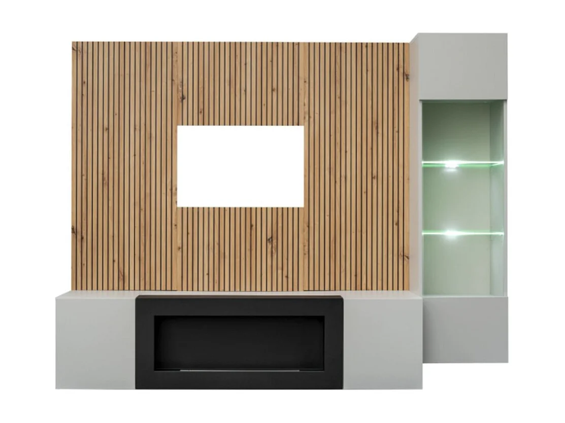 Composition murale IXAR – Tv-meubel, hangende vitrinekast, wandpanelen en bio-ethanol haard