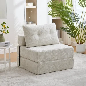 Converteerbare bank met lendensteun en hoofdsteun, beige chenille – voor woonkamer en slaapkamer Converteerbare bank met lendensteun en hoofdsteun, beige chenille – voor woonkamer en slaapkamer