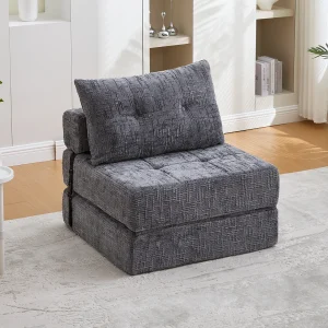 Converteerbare bank met lendensteun en hoofdsteun, grijze chenille – voor woonkamer en slaapkamer Converteerbare bank met lendensteun en hoofdsteun, grijze chenille – voor woonkamer en slaapkamer