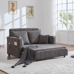 Converteerbare bank met zijvakken en bekerhouders, USB-oplaadpoort – Grijs Chenille Converteerbare bank met zijvakken en bekerhouders, USB-oplaadpoort – Grijs Chenille