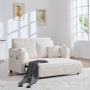 Converteerbare bank met zijvakken en bekerhouders, USB-oplaadpoort – Beige Chenille Converteerbare bank met zijvakken en bekerhouders, USB-oplaadpoort – Beige Chenille