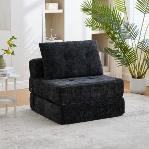 Converteerbare bank met lendensteun en hoofdsteun, zwarte chenille – voor woonkamer en slaapkamer Converteerbare bank met lendensteun en hoofdsteun, zwarte chenille – voor woonkamer en slaapkamer