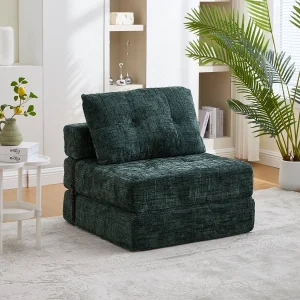 Converteerbare bank met lendensteun en hoofdsteun, donkergroene chenille – voor woonkamer en slaapkamer Converteerbare bank met lendensteun en hoofdsteun, donkergroene chenille – voor woonkamer en slaapkamer