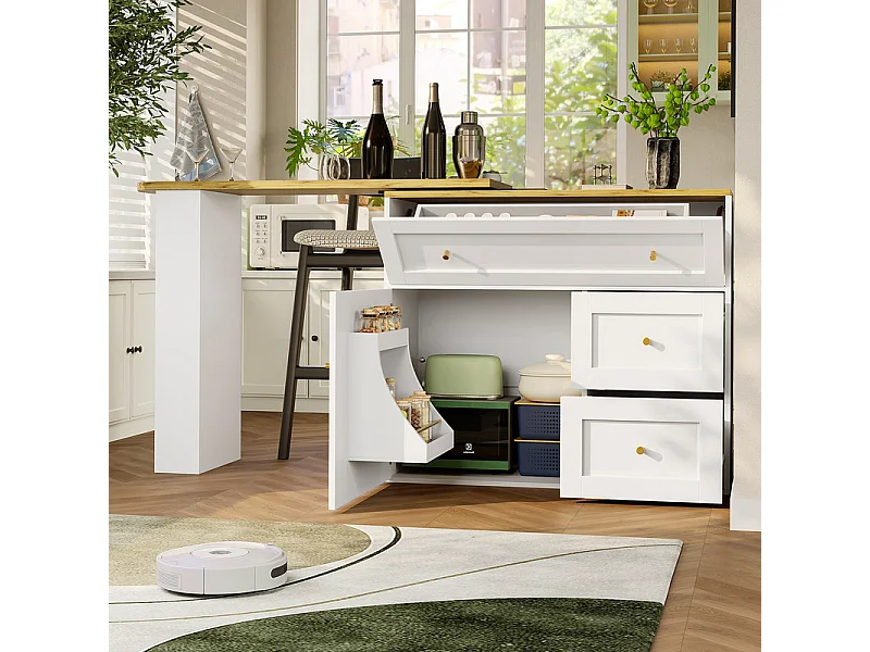 Draaibaar uitbreidbaar Bar Tafel - met 2 deuren, 2 lades und 3 nissen - MDF - 138/204×39×105cm - Wit