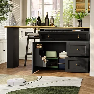 Draaibaar uitbreidbaar Bar Meubel – met 2 deuren, 2 lades en 3 nissen – MDF – 138/204×39×105cm – Zwart