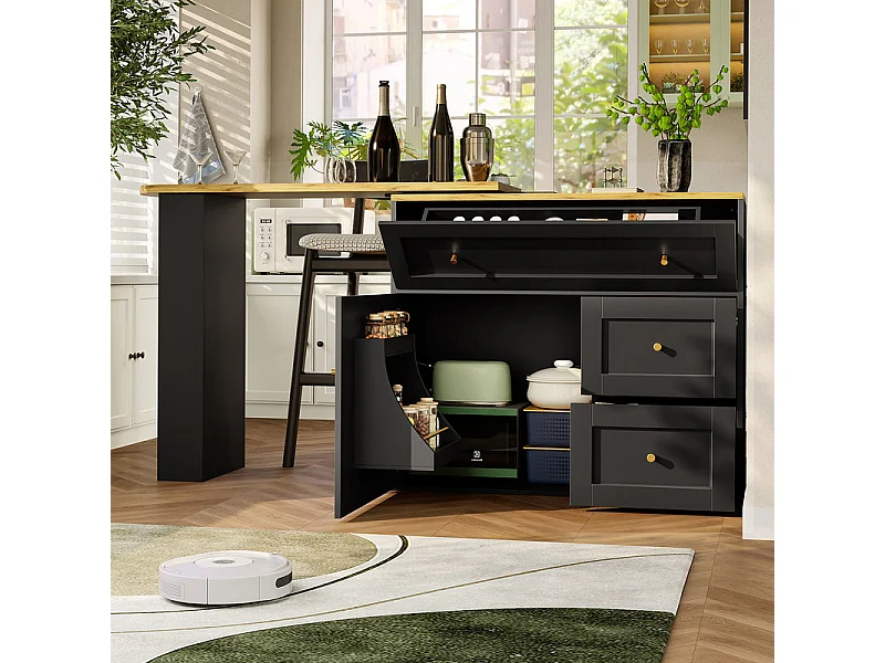 Draaibaar uitbreidbaar Bar Meubel - met 2 deuren, 2 lades en 3 nissen - MDF - 138/204×39×105cm - Zwart