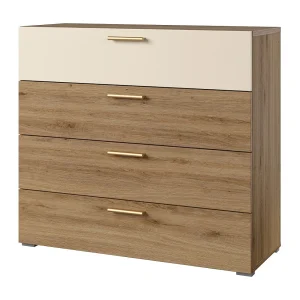 Commode VERTIGO – 4 laden – Wild eiken en zandbeige – Gouden handgrepen Commode VERTIGO – 4 laden – Wild eiken en zandbeige – Gouden handgrepen
