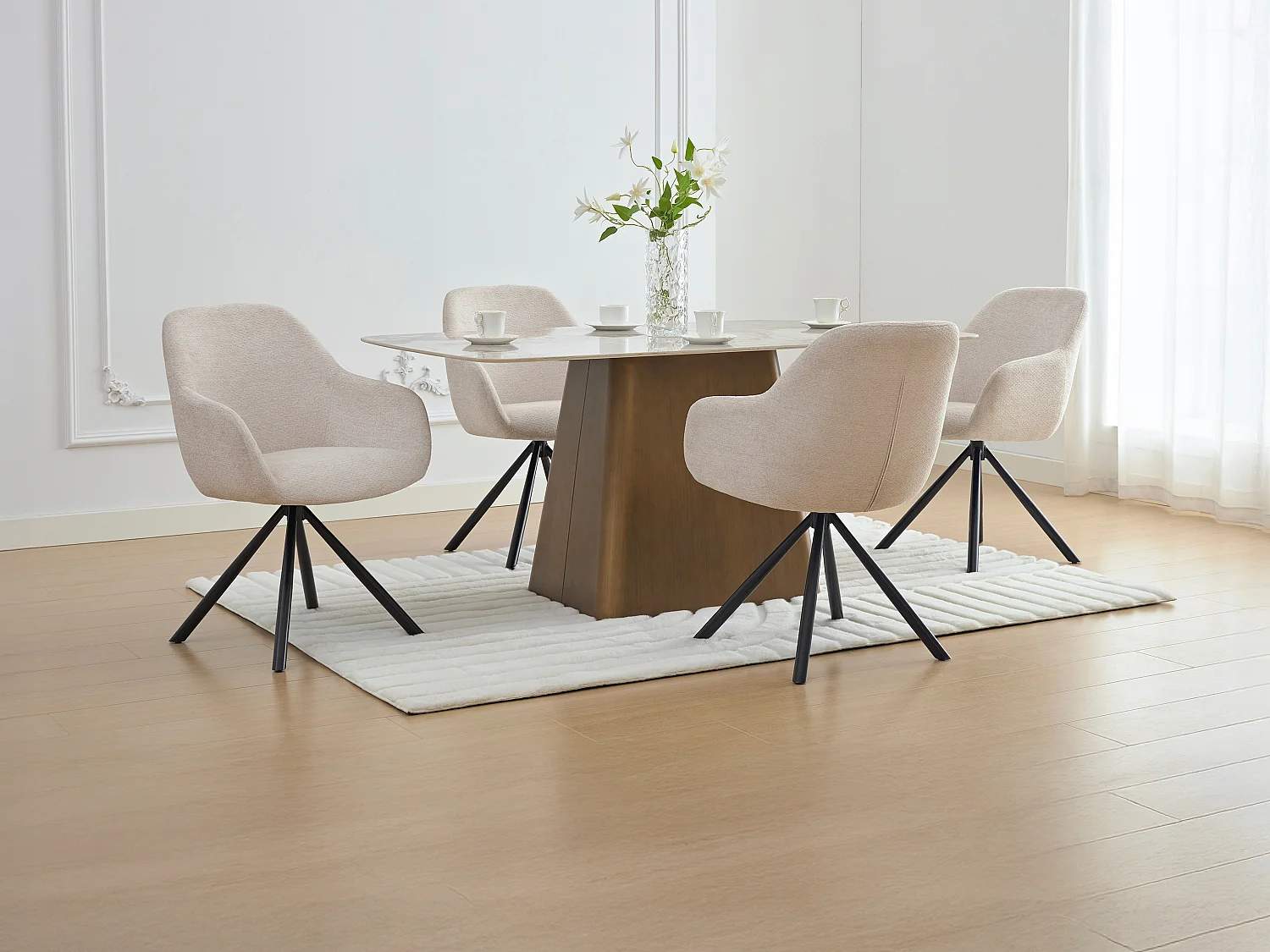 Set van 6 stoelen met armleuningen van gestructureerde stof en zwart metaal - Crème - CILIENO