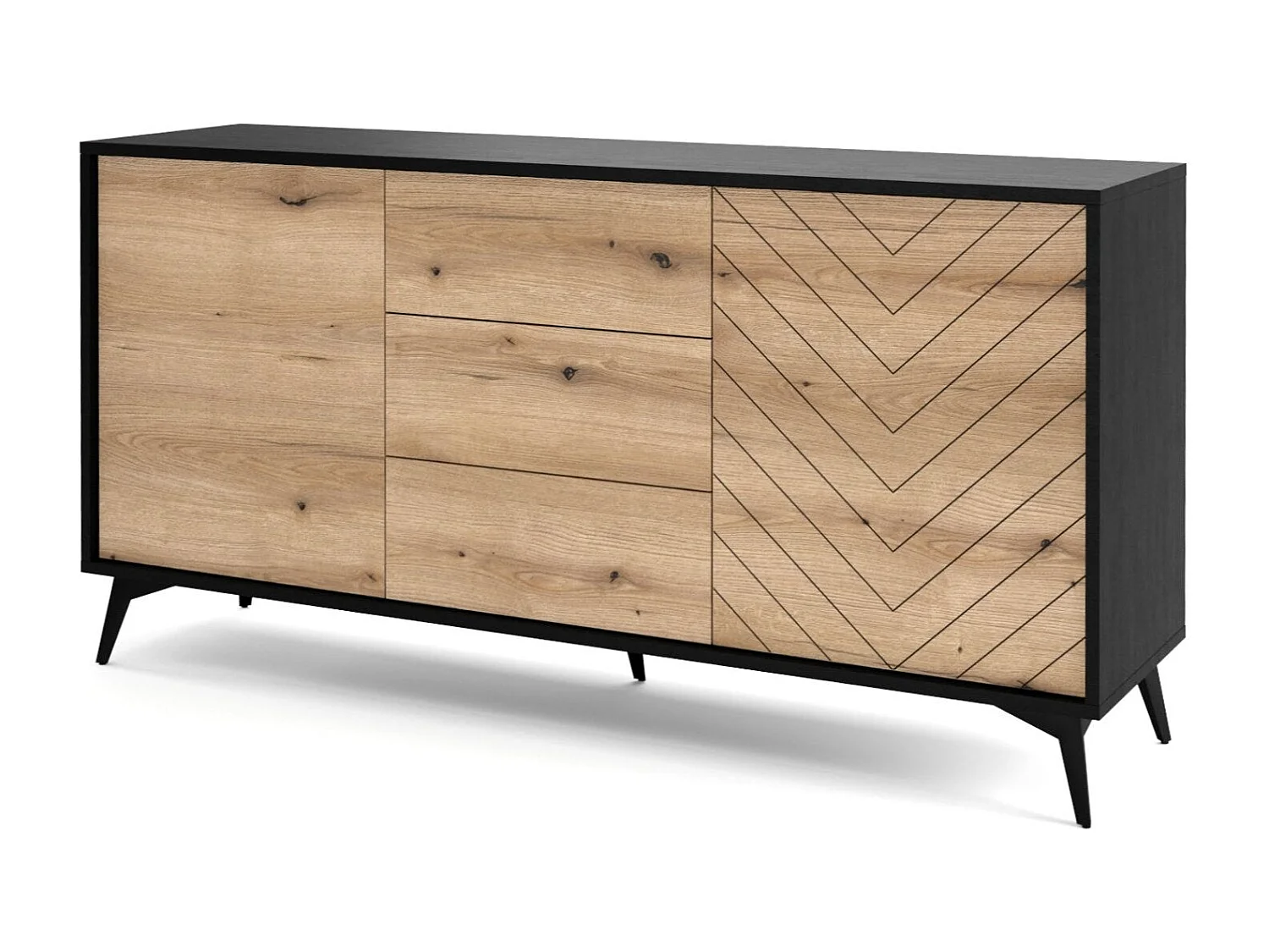 Buffet in lamellenhout met 2 deuren en 3 laden, 154x77 cm
