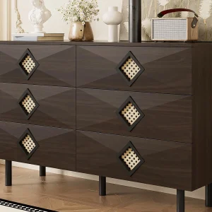 Buffet 120x40x74cm – met 6 lades – rotan decoratie – Metalen poten – MDF + Spaanplaat – Bruin