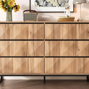 Buffet 120x40x80 cm – met 6 lades – Metalen poten – MDF + Spaanplaat – Natuur + Zwart