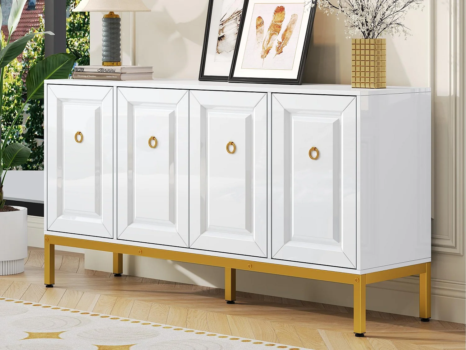 Buffet 140x40x80cm - 4 deuren - met verstelbare planken - Wit + Goud