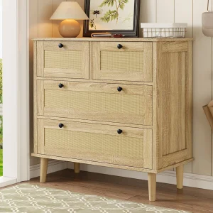 Commode met 4 laden, gemaakt van rotan en voorzien van massief houten poten, voor slaapkamer of woonkamer, 80x80x40cm Commode met 4 laden, gemaakt van rotan en voorzien van massief houten poten, voor slaapkamer of woonkamer, 80x80x40cm