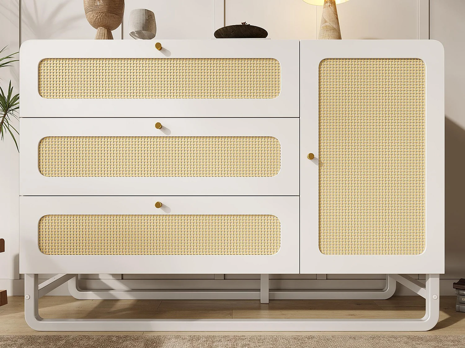 Buffet 120x40x85cm - met 3 rotan lades en 1 rotan deur - landelijke stijl - gouden handgreep - Wit + Natuur
