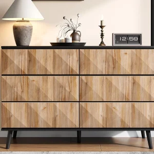 Buffet 120x40x85 cm – 6 lades – IJzeren structuur – MDF + spaanplaat – Natuur + Zwart