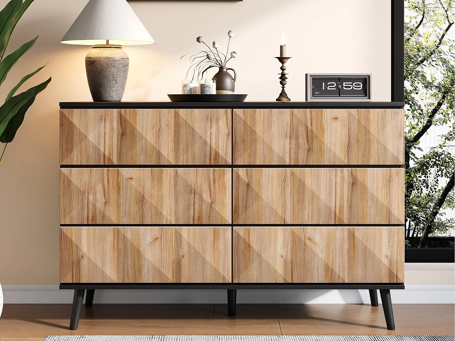 Buffet 120x40x85 cm - 6 lades - IJzeren structuur - MDF + spaanplaat - Natuur + Zwart