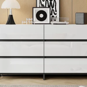 Buffet 140×39.5×78.5 cm – met 6 lades – 3 metalen poten – Glanzende afwerking – Wit + Zwart Buffet 140×39.5×78.5 cm – met 6 lades – 3 metalen poten – Glanzende afwerking – Wit + Zwart