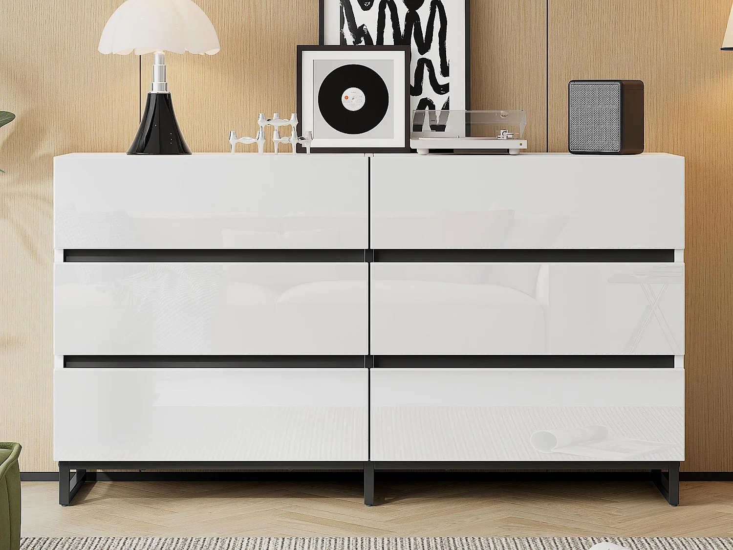 Buffet 140x39.5x78.5 cm - met 6 lades - 3 metalen poten - Glanzende afwerking - Wit + Zwart