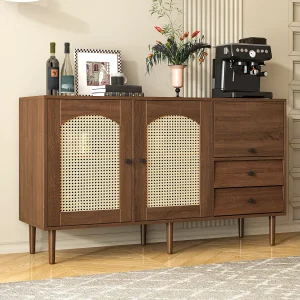 Bruin dressoir met 2 rotan deuren, 1 deur en 2 laden 130x40x75,5