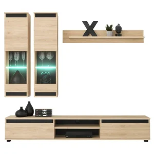 Composition murale DOMO – Meuble TV, 2 hangende vitrines en wandplank – Licht eiken en zwart Composition murale DOMO – Meuble TV, 2 hangende vitrines en wandplank – Licht eiken en zwart