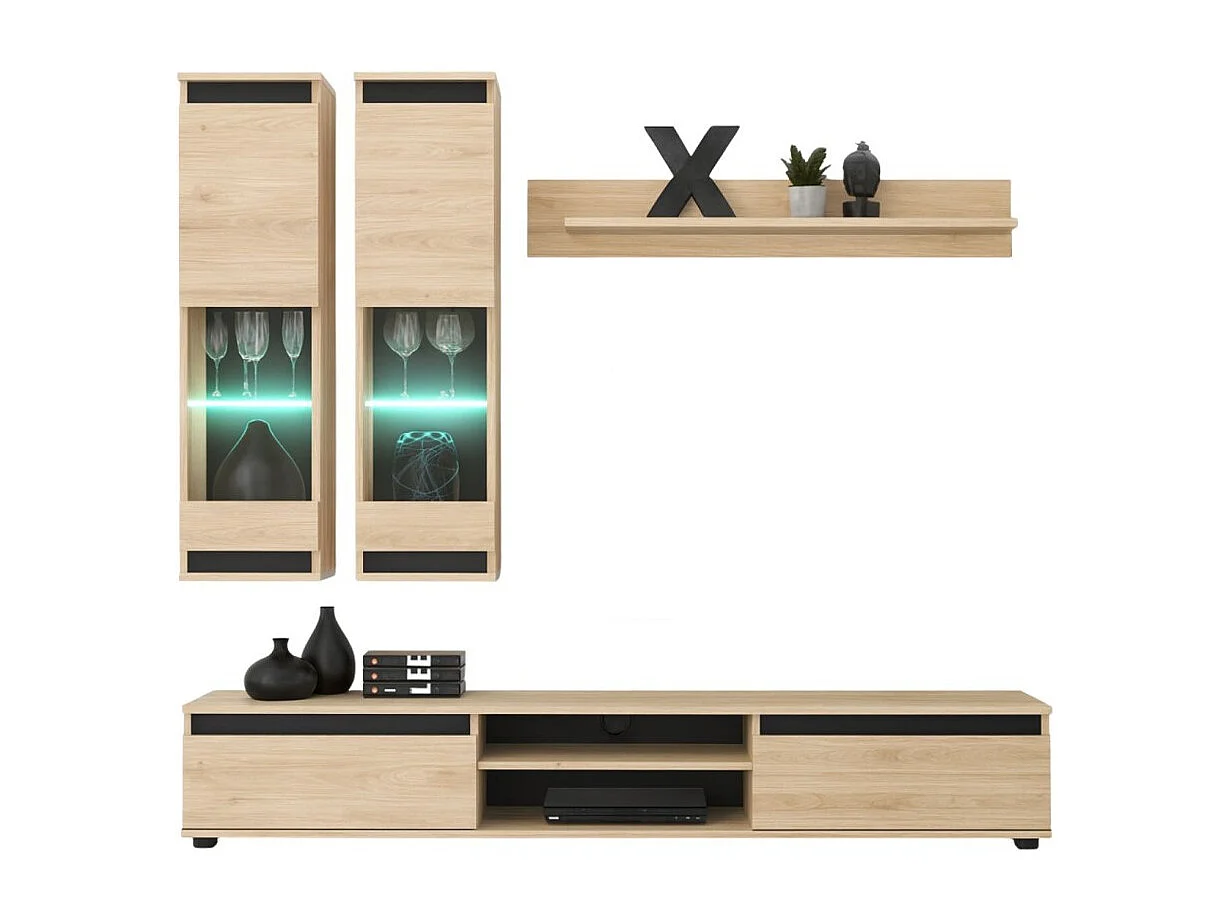 Composition murale DOMO – Meuble TV, 2 hangende vitrines en wandplank – Licht eiken en zwart
