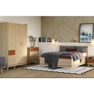 Complete slaapkamerset NOKI – Bed 160×200 + 3-deurskast + dressoir + nachtkastje – Licht eiken en mokka Scandinavische stijl