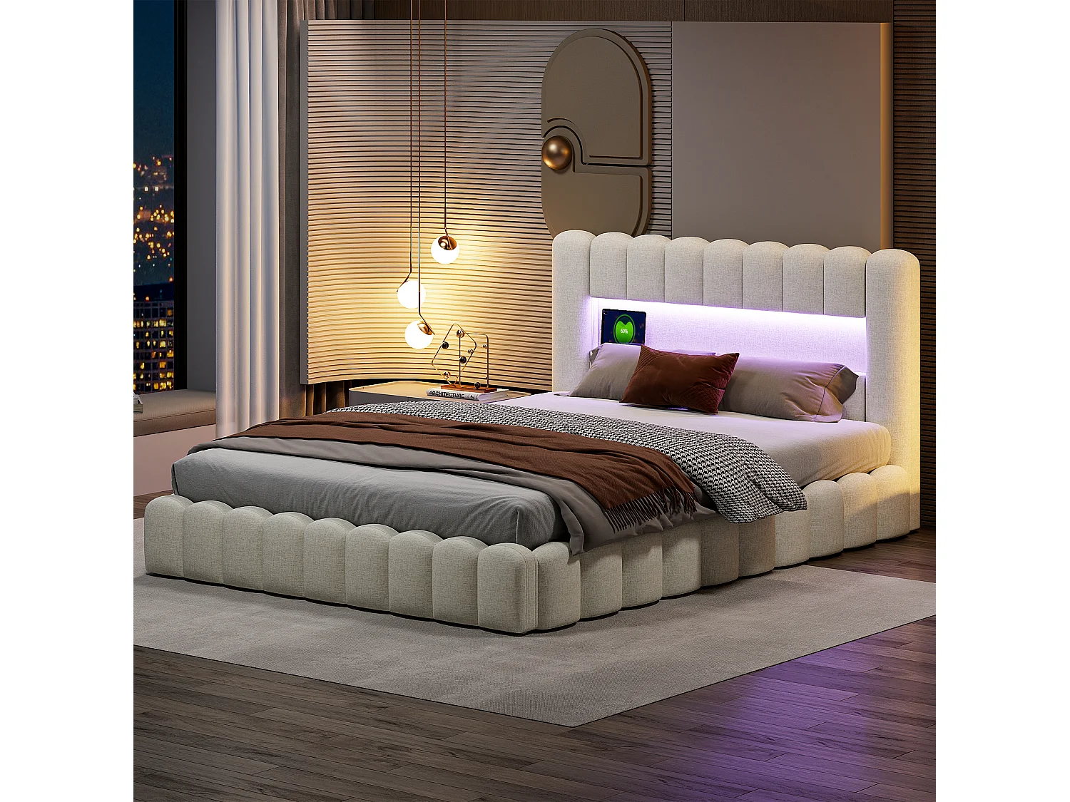 Designbed met opbergruimte in beige boomstamstof met hydraulische steunen, RGB LED-hoofdbord en USB/Type-C-aansluitingen – 140x200 cm