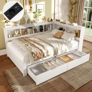 Daybed 140×200 cm, slaapbank met twee lades, stopcontact en 2 USB-poorten, grenen, wit (219x167x90 cm)